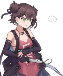 Rule 34 | 1girl, :q, bare shoulders, breasts, brown hair, cleavage, combination weapon, double bun, elbow gloves, fingerless gloves, girls&#039; frontline, gloves, green eyes, gun, hair bun, hair ornament, halterneck, handgun, highres, holding, holding knife, holding weapon, knife, knife gun, licking lips, multiple-barrel firearm, pistol, qsb-91, qsb-91 (girls&#039; frontline), quadruple-barreled pistol, rampart1028, short hair, small breasts, smoke, solo, tongue, tongue out, volley gun, weapon, white background