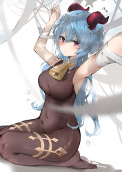 Rule 34 | 1girl, armpits, bare arms, bdsm, bell, black pantyhose, blue hair, blush, bodystocking, bodysuit, bondage, bound, breasts, covered navel, dema hmw, flying sweatdrops, ganyu (genshin impact), genshin impact, highres, horns, long hair, looking at viewer, medium breasts, neck bell, no gloves, no shoes, paid reward available, pantyhose, purple eyes, restrained, sidelocks, sitting, sleeveless, solo, thighlet, thighs, wariza