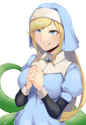 Rule 34 | 1girl, absurdres, bad id, bad pixiv id, blonde hair, blue eyes, breasts, closed mouth, habit, highres, interlocked fingers, kawahara0527, lamia, licking lips, long hair, mon-musu quest!, monster girl, nun, own hands together, simple background, sister lamia, smile, solo, tongue, tongue out, white background