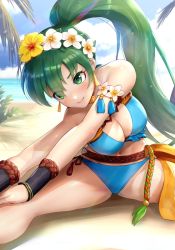 Rule 34 | 1girl, asymmetrical bangs, bad id, bad twitter id, bare arms, bare shoulders, beach, bikini, black wristband, blue bikini, blush, breasts, cleavage, cleavage cutout, closed mouth, clothing cutout, cloud, day, earrings, eyebrows hidden by hair, eyes visible through hair, fire emblem, fire emblem: the blazing blade, fire emblem heroes, flower, gonzarez, green eyes, green hair, hair flower, hair ornament, high ponytail, highres, jewelry, large breasts, lips, long hair, looking to the side, lyn (fire emblem), lyn (summer) (fire emblem), midriff, necklace, nintendo, official alternate costume, outdoors, palm tree, ponytail, sand, side-tie bikini bottom, simple background, sky, smile, solo, spread legs, strapless, strapless bikini, stretching, sweatdrop, swimsuit, tree, very long hair, white flower, wristband, yellow flower