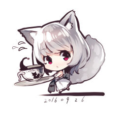 Rule 34 | 1girl, :&lt;, animal ears, bare arms, blush, chibi, coffee, coffee cup, cup, dated, disposable cup, dress, flying sweatdrops, fox ears, fox girl, fox tail, holding, holding saucer, long hair, looking at viewer, nose blush, original, parted lips, purple eyes, saucer, silver hair, sleeveless, sleeveless dress, solo, tail, triangle mouth, white background, white dress, yuuji (yukimimi)