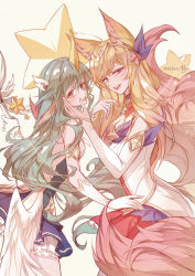 Rule 34 | 2girls, ahri (league of legends), alternate costume, alternate hair color, animal ears, bare shoulders, bebseo, blonde hair, blue skirt, blush, breasts, choker, circlet, fox ears, fox girl, fox tail, gloves, green eyes, green hair, hair ornament, highres, holding, holding staff, horns, league of legends, long hair, looking at viewer, magical girl, multiple girls, parted lips, pointy ears, red eyes, red skirt, single horn, skirt, smile, soraka (league of legends), staff, standing, star (symbol), star guardian (league of legends), star guardian ahri, star guardian soraka, tail, twitter username, very long hair, white background, white gloves, white wings, wings
