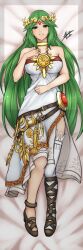 Rule 34 | 1girl, absurdres, airisubaka, bare shoulders, blush, breasts, commission, dakimakura (medium), dress, forehead jewel, full body, green eyes, green hair, highres, jewelry, kid icarus, large breasts, laurel crown, long hair, looking at viewer, nintendo, palutena, pendant, signature, single thighhigh, smile, solo, thighhighs, very long hair, white dress