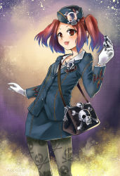Rule 34 | 1girl, absurdres, artist name, bad id, bad pixiv id, bag, brown eyes, brown hair, cowboy shot, duel monster, fangs, gloves, hat, highres, open mouth, pantyhose, print pantyhose, robert knight, shoulder bag, skull, solo, tour guide from the underworld, twintails, uniform, whistle, yu-gi-oh!