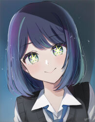 Rule 34 | 1girl, absurdres, aqua eyes, ayasaki1416, black sweater vest, blue background, blue hair, blue necktie, blush, closed mouth, collared shirt, commentary, highres, kurokawa akane, light particles, looking at viewer, medium hair, necktie, oshi no ko, shade, shadow, shirt, signature, smile, solo, sparkle, star-shaped pupils, star (symbol), sweater vest, swept bangs, symbol-shaped pupils, upper body, white shirt