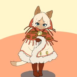Rule 34 | 10s, 1girl, animal ears, aqua eyes, bell, brown footwear, brown mittens, cat ears, cat girl, cat tail, closed mouth, clothing request, commentary request, crossover, dark-skinned female, dark skin, feet together, full body, highres, jingle bell, kemono friends, looking at viewer, mittens, monster hunter (series), nat (gsx-r1300), nekoht, platinum blonde hair, solo, standing, tail