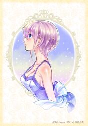 Rule 34 | 1girl, bare shoulders, blue dress, blue eyes, breasts, cleavage, closed mouth, collarbone, dress, from side, go-toubun no hanayome, highres, lips, medium breasts, nakano itsuki, pink hair, profile, short hair, solo, spaghetti strap, twitter username, upper body, yu (flowerbird3830)