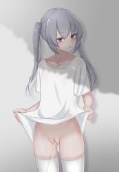 Rule 34 | 1girl, asymmetrical bangs, blush, bottomless, breasts, cleft of venus, collarbone, grey hair, groin, highres, lifting own clothes, long hair, looking to the side, mustee, no panties, open mouth, parted bangs, pee, peeing, purple eyes, pussy, shadow, shirt, sidelocks, simple background, small breasts, standing, t-shirt, thighhighs, tree shade, twintails, uncensored, white background, white shirt, white thighhighs