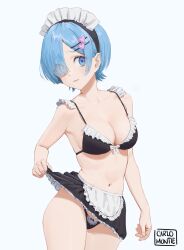 Rule 34 | 1girl, absurdres, artist name, blue eyes, blue hair, blush, bra, breasts, carlo montie, cleavage, clothes lift, female focus, frilled bra, frilled skirt, frills, front-tie bra, hair ornament, hair over one eye, hairclip, highres, lifted by self, looking at viewer, maid, maid headdress, medium breasts, panties, re:zero kara hajimeru isekai seikatsu, rem (re:zero), short hair, signature, skirt, skirt lift, solo, underwear, white background
