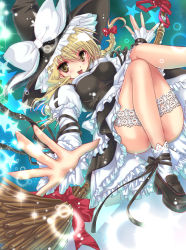 Rule 34 | 1girl, arm ribbon, bad id, bad pixiv id, blonde hair, blush, braid, breasts, bridal garter, broom, convenient leg, female focus, hat, impossible clothes, impossible shirt, kirisame marisa, lace, legs, loafers, long sleeves, no panties, open mouth, outstretched hand, ribbon, shirt, shisaki tayu, shoes, smile, solo, sparkle, star (symbol), tayu shisaki, touhou, witch, witch hat, wrist ribbon, yellow eyes