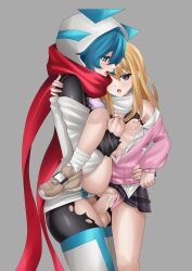 Rule 34 | 2girls, absurdres, bardanv3, bare shoulders, blonde hair, blue eyes, blue hair, bodystocking, boots, bra, breasts, chrono ark, clothed sex, collared shirt, commission, commissioner upload, crossover, cum, cum in pussy, futanari, highres, jacket, leg lift, long hair, lucy (chrono ark), medium hair, multiple girls, navel, non-web source, one step from eden, open clothes, open mouth, panties, scarf, selicy (one step from eden), sex, shirt, shoes, simple background, small breasts, sneakers, socks, standing, standing on one leg, standing sex, tears, testicles, thigh boots, thighs, torn clothes, underwear, vaginal