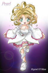 Rule 34 | 1girl, :d, between breasts, blonde hair, breasts, character name, copyright name, crystal, dress, english text, engrish text, gem, glint, green eyes, hair rings, lady pearl, legend of mana, long sleeves, looking at viewer, open mouth, pearl (gemstone), ranguage, seiken densetsu, shoes, smile, solo, white dress, white footwear