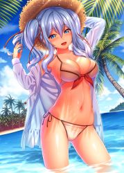 Rule 34 | 10s, 1girl, alternate costume, arm up, bare shoulders, beach, bikini, black ribbon, blue eyes, blue hair, blue sky, blush, breasts, cleavage, clothes down, cloud, cloudy sky, collarbone, cowboy shot, day, eyebrows, front-tie bikini top, front-tie top, hair between eyes, hair ribbon, hat, highres, hood, hoodie, kantai collection, kashima (kancolle), large breasts, leaf, light rays, long sleeves, looking at viewer, matching hair/eyes, nature, navel, nazu-na, ocean, off shoulder, open mouth, outdoors, palm tree, ribbon, sand, shiny skin, side-tie bikini bottom, skindentation, sky, smile, solo, standing, stomach, straw hat, sunbeam, sunlight, swimsuit, tree, twintails, wading, water, wavy hair, wet, wet clothes