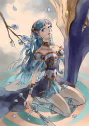 Rule 34 | 1990s (style), 1girl, bare shoulders, blue hair, blue hairband, blue skirt, branch, cape, ceres, ceres (rayearth), dragon, duduxiaodeng, flower, hair ornament, hairband, highres, long hair, magic knight rayearth, official alternate costume, parted lips, petals, retro artstyle, ryuuzaki umi, sitting, size difference, skirt, sword, weapon