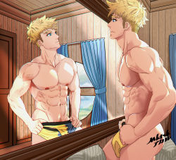 Rule 34 | 1boy, abs, artist request, ass, bara, blonde hair, blue eyes, blue male underwear, briefs, censored, censored by text, completely nude, covering crotch, covering privates, curtains, from side, granblue fantasy, head tilt, large pectorals, male focus, male underwear, mikadzuki akaru (mktskakaru), mirror, mirror image, muscular, navel, navel hair, nipples, nude, pectorals, short hair, solo, thighs, underwear, vane (granblue fantasy), yellow male underwear