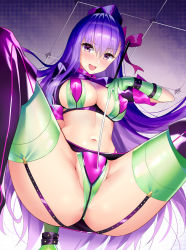 Rule 34 | 1girl, :d, arm support, ass, bb (fate), bb (fate/extra), bikini, blush, boots, breasts, cleavage, cosplay, fate/grand order, fate (series), floating hair, florence nightingale (fate), florence nightingale (fate) (cosplay), florence nightingale (trick or treatment) (fate), florence nightingale (trick or treatment) (fate) (cosplay), garter straps, gloves, green bikini, green gloves, green thighhighs, groin, hair between eyes, hair ribbon, hat, highleg, highleg bikini, highres, indoors, large breasts, layered bikini, long hair, looking at viewer, microskirt, navel, nurse cap, official alternate costume, open mouth, pencil skirt, purple eyes, purple footwear, purple hair, purple hat, purple ribbon, purple skirt, ribbon, riding crop, shrug (clothing), silveroid, skirt, smile, solo, spread legs, squatting, stomach, swimsuit, thigh boots, thighhighs, thighs, very long hair