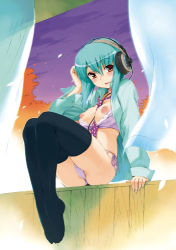 Rule 34 | 1girl, :d, aqua hair, arm support, between breasts, black thighhighs, blush, bra, bra pull, breasts, cable, clothes pull, cloud, curtains, dress shirt, headphones, inu777, legs, lingerie, lowres, necktie, night, night sky, nipple slip, nipples, no pants, oouchi takadou, open clothes, open mouth, open shirt, original, panties, polka dot, puffy nipples, purple bra, purple panties, red eyes, shirt, short hair, side-tie panties, sitting, sky, smile, solo, thighhighs, underwear, window