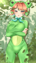 Rule 34 | 1girl, absurdres, ahoge, animal costume, animal hood, bodysuit, bow, bowtie, breasts, colored tips, commentary, commentary request, covered navel, crossed arms, earrings, feather earrings, feathers, frog costume, frog hood, frogiwawa, green bodysuit, hair intakes, highres, hololive, hololive english, hood, hooded bodysuit, jewelry, large breasts, long sleeves, looking at viewer, maka aratame, multicolored hair, official alternate costume, open mouth, orange eyes, orange hair, outdoors, solo, straight-on, swept bangs, takanashi kiara, taut clothes, virtual youtuber