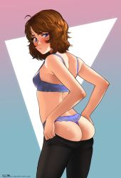 Rule 34 | 1girl, ahoge, ass, back, black pantyhose, blue eyes, blush, bra, breasts, brooke (mleth), brown hair, clothes pull, commentary, cowboy shot, dressing, english commentary, freckles, from behind, frown, inconvenient ass, lace, lace-trimmed panties, lace bra, lace trim, lingerie, looking back, medium hair, mleth, original, panties, pantyhose, pantyhose pull, pulled by self, purple bra, purple panties, small breasts, solo, thighband pantyhose, thong, underwear, underwear only