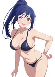 Rule 34 | 1girl, absurdres, arm behind back, bikini, black bikini, blue hair, blush, breasts, cleavage, collarbone, commentary request, high ponytail, highres, huet-pc, large breasts, long hair, looking at viewer, love live!, love live! sunshine!!, matsuura kanan, navel, open mouth, ponytail, purple eyes, sidelocks, simple background, smile, solo, swimsuit, upper body, water, wet, wet clothes, wet swimsuit, white background