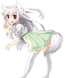 Rule 34 | 1girl, animal ears, bent over, dress, fang, fox ears, fox tail, green dress, highres, long hair, open mouth, original, oruto (ort+), puffy short sleeves, puffy sleeves, red eyes, shirt, short sleeves, silver hair, smile, solo, tail, thighhighs, very long hair, white thighhighs, zettai ryouiki
