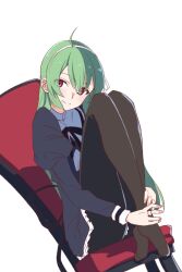 Rule 34 | 1girl, ahoge, assault lily, black pantyhose, black skirt, chair, closed mouth, commentary, cropped jacket, crossed ankles, dutch angle, full body, green hair, gumoyu, hair between eyes, hair over one eye, hair ribbon, hairband, hand on own leg, head tilt, high-waist skirt, jewelry, juliet sleeves, knees up, light blush, long hair, long sleeves, looking at viewer, miniskirt, neck ribbon, no shoes, on chair, pantyhose, pink eyes, puffy sleeves, ribbon, ring, school uniform, shirt, simple background, sitting, skirt, smile, solo, tanaka ichi, very long hair, white background, white hairband, white ribbon, white shirt, yurigaoka girls academy school uniform