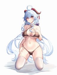 Rule 34 | 1girl, absurdres, ahoge, bikini, black bikini, blue hair, blush, breasts, cleavage, closed mouth, commentary, full body, ganyu (genshin impact), genshin impact, goat horns, highres, horns, kneeling, large breasts, long hair, looking at viewer, navel, purple eyes, sideboob, sob (submar1089), solo, stomach, swimsuit, underboob, wet, white background
