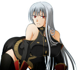 Rule 34 | 00s, 1girl, all fours, breasts, large breasts, long hair, military, military uniform, red eyes, selvaria bles, senjou no valkyria, senjou no valkyria (series), senjou no valkyria 1, side slit, sideboob, silver hair, simple background, solo, taguchi kenji (omaep), thighhighs, uniform, very long hair