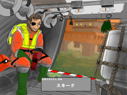 Rule 34 | 1boy, alternate costume, beard, belt, black horns, boots, box, brown hair, character name, closed mouth, cosplay, door, eyepatch, facial hair, full body, gloves, green footwear, green gloves, grey eyes, half-closed eyes, headlamp, helicopter interior, helmet, high-visibility vest, horns, indoors, inkling player character, japanese text, jumpsuit, charm (object), knee boots, lifebuoy, male focus, metal gear (series), metal gear solid v: the phantom pain, mustache, nintendo, nitoran, ocean, octoling player character, oil platform, one eye covered, orange headwear, orange jumpsuit, own hands together, partially translated, rope, salmon run (splatoon), scar, scar across eye, scar on face, short hair, single glove, single horn, sitting, solo, splatoon (series), splatoon 3, swim ring, translation request, unworn headwear, unworn helmet, venom snake, vest, water, yellow vest