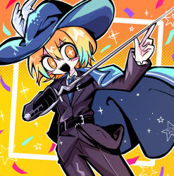 Rule 34 | + +, 1girl, aqua hair, black jacket, black pants, black suit, blonde hair, blue cape, blue hat, blue necktie, blush stickers, cape, collared shirt, colored tips, commentary request, cowboy shot, don quixote (project moon), formal, hat, hat feather, hatosabure, highres, holding, holding sword, holding weapon, jacket, limbus company, long sleeves, multicolored hair, necktie, open mouth, orange background, oversized clothes, pants, project moon, rapier, sharp teeth, shirt, solo, sparkle, star (symbol), suit, sword, teeth, two-tone background, weapon, white shirt, yellow background, yellow eyes