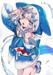 Rule 34 | 1girl, animal hood, arm up, blue eyes, blue hair, blue hoodie, blue nails, blue socks, blush, boots, bukurote, claw pose, drawstring, fins, fish tail, gawr gura, gawr gura (1st costume), hand up, highres, hololive, hololive english, hood, hood up, hoodie, long hair, long sleeves, looking at viewer, multicolored hair, nail polish, open mouth, shark hood, shark tail, socks, solo, standing, standing on one leg, streaked hair, tail, v-shaped eyebrows, virtual youtuber, water, white background, white footwear, white hair, wide sleeves