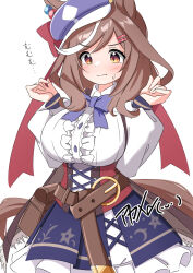 Rule 34 | 1girl, akame00, animal ears, belt buckle, breasts, brown eyes, brown hair, buckle, buttons, closed mouth, commission, hair ornament, hairclip, highres, horse ears, horse tail, large breasts, matikane tannhauser (umamusume), medium hair, ribbon, skeb commission, solo, sweat, tail, translation request, umamusume, white background