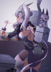 Rule 34 | absurdres, armor, armored dress, ass, back, blush, breasts, cowboy shot, dress, drink, feet, from behind, h.an (516635864), highres, karenina: scire (punishing: gray raven), karenina (punishing: gray raven), leaning on table, legs, lips, long hair, looking at viewer, looking back, medium breasts, pantyhose, punishing: gray raven, sideboob, silly straw, silver hair, thighhighs, thighs, twintails