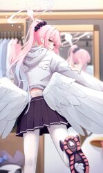 Rule 34 | 1girl, absurdres, angel wings, blue archive, daran9, halo, highres, hood, hoodie, mika (blue archive), mirror, pantyhose, pink hair, pink halo, pleated skirt, ponytail, reflection, shoes, skirt, solo, white hoodie, white pantyhose, wings