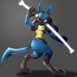 Rule 34 | abs, bone, commentary request, creatures (company), full body, furry, game freak, gen 4 pokemon, glowing, highres, holding, holding bone, looking back, lucario, ninja-fiction, nintendo, pokemon, pokemon (creature), solo, spikes, standing, yellow fur