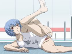 Rule 34 | 1girl, alternate costume, anus, armpits, ayanami rei, barefoot, blue hair, blush, breasts, casual one-piece swimsuit, censored, clothing aside, covered erect nipples, covered navel, embarrassed, female pubic hair, fey, hair between eyes, indoors, leg lift, leg up, looking at viewer, mosaic censoring, neon genesis evangelion, nose blush, on floor, one-piece swimsuit, pale skin, parted lips, presenting, pubic hair, pussy, raised eyebrows, red eyes, shadow, short hair, small breasts, soles, solo, spread legs, sweat, swimsuit, swimsuit aside, white one-piece swimsuit