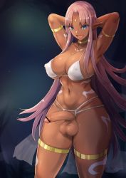 Rule 34 | 1girl, :d, armlet, armpits, arms behind head, arms up, bar censor, blue eyes, breasts, censored, covered erect nipples, dark-skinned female, dark skin, elf, fangs, foreskin, futanari, gold, highres, large breasts, long hair, navel, open mouth, original, penis, pointy ears, smile, solo, standing, tattoo, testicles, thighlet, ubanis, very long hair, wide hips