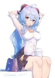 Rule 34 | 1girl, adjusting hair, armpits, arms up, bag, bell, between thighs, black skirt, blue hair, breasts, caisena, casual, closed mouth, cowbell, cup, dated, disposable cup, ganyu (genshin impact), ganyu (heytea) (genshin impact), genshin impact, goat horns, hair between eyes, hair tie in mouth, highres, horns, long hair, medium breasts, mouth hold, neck bell, official alternate costume, pleated skirt, purple eyes, see-through, see-through sleeves, shirt, shoulder bag, sidelocks, signature, simple background, sitting, skirt, solo, taut clothes, taut shirt, tying hair, white background, white shirt