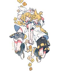 Rule 34 | 1boy, 1girl, blonde hair, hazime, holding hands, jumping, kagamine len, kagamine rin, shorts, siblings, vocaloid, white background