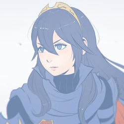 Rule 34 | 1girl, armor, artist name, blue eyes, blue hair, blurry, blush, depth of field, female focus, fire emblem, fire emblem awakening, hair between eyes, ilya kuvshinov (style), koyorin, long hair, looking afar, looking at viewer, looking to the side, lucina (fire emblem), matching hair/eyes, mole, mole under mouth, nintendo, pale color, parted lips, pink lips, portrait, shoulder pads, simple background, solo, symbol-shaped pupils, tiara, watermark, web address, white background
