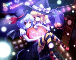 Rule 34 | 2girls, bat wings, blonde hair, blue hair, clock, clock tower, elbow gloves, english text, female focus, flandre scarlet, flying, gloves, halloween, happy halloween, hat, jack-o&#039;-lantern, looking at viewer, multiple girls, pumpkin, red eyes, remilia scarlet, ryosios, scarlet devil mansion, short hair, siblings, sisters, smile, striped clothes, striped legwear, striped thighhighs, thighhighs, top hat, touhou, tower, wings, witch hat