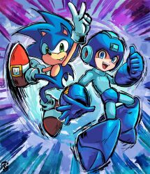 Rule 34 | 2boys, animal ears, arm up, blue bodysuit, blue eyes, blue footwear, blue fur, blue gloves, blue headwear, bodysuit, boots, full body, furry, furry male, gloves, green eyes, hedgehog, hedgehog ears, hedgehog tail, highres, looking at viewer, mega man (character), mega man (classic), mega man (series), multiple boys, open mouth, red footwear, shoes, sonic (series), sonic the hedgehog, stoic seraphim, tail, teeth, thumbs up, upper teeth only, v, white gloves