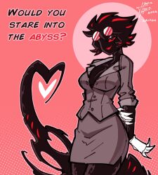 Rule 34 | 1girl, abby (za1f0n), black hair, breasts, collared shirt, colored sclera, dated, eldritch abomination, english text, extra eyes, eyewear on head, formal, gloves, hand on another&#039;s shoulder, highres, hood, long sleeves, medium breasts, meme, monster girl, original, red-tinted eyewear, red eyes, red sclera, shirt, signature, simple background, skirt, suit, sunglasses, tinted eyewear, too many eyes, valentine, white gloves, za1f0n