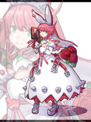 Rule 34 | 1girl, ahoge, ascot, blue eyes, bouquet, bracelet, breasts, bridal veil, cleavage cutout, clothing cutout, clover, dress, elphelt valentine, flower, four-leaf clover, full body, green eyes, guilty gear, guilty gear xrd, gun, hairband, holding, holding gun, holding weapon, huge ahoge, jewelry, large breasts, long sleeves, looking at viewer, miura hajime, red flower, red rose, rose, short hair, smile, spiked bracelet, spiked hairband, spikes, standing, veil, weapon, wedding dress, white ascot, white dress