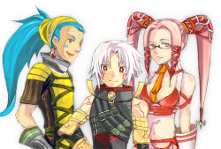 Rule 34 | .hack//, .hack//g.u., .hack//games, 00s, 1girl, 2boys, bandai, bare shoulders, blue hair, brown eyes, cyber connect 2, facial mark, forehead mark, glasses, haseo, haseo (.hack//), kuhn, kuhn (.hack//), lowres, midriff, multiple boys, necktie, pi (.hack//), pink hair, red eyes, smile, strap, tattoo, twintails, white hair, yellow eyes