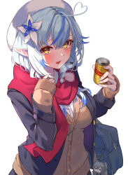 Rule 34 | 1girl, absurdres, ahoge, bag, bag charm, blazer, blue hair, blush, breasts, brown cardigan, can, cardigan, character charm, character doll, charm (object), enpera, fingernails, flower, hair flower, hair ornament, hat, heart, heart ahoge, highres, holding, holding can, hololive, jacket, long hair, long sleeves, looking at viewer, medium breasts, open clothes, open jacket, open mouth, pointy ears, red scarf, roco (rocoroco1115), scarf, school bag, school uniform, shishiro botan, simple background, sleeves past wrists, smile, solo, upper body, virtual youtuber, white background, white hat, yellow eyes, yukihana lamy
