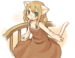 Rule 34 | 7010, animal ears, blonde hair, brown background, cat ears, cat tail, clothes lift, cowboy shot, dress, dress lift, ears down, furry, furry female, gradient background, green eyes, hair between eyes, lowres, solo, tail, white background