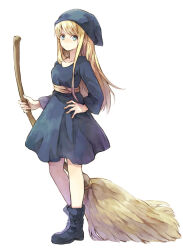 Rule 34 | 1girl, blonde hair, blue dress, blue eyes, blue footwear, blue hat, broom, collarbone, dress, hana (mew), hand on own hip, hat, highres, holding, holding broom, light frown, long hair, muted color, puyopuyo, simple background, solo, white background, witch, witch (puyopuyo)