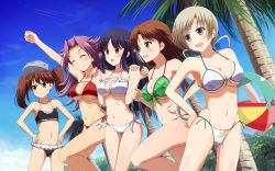 Rule 34 | 10s, 5girls, :d, :o, ^ ^, alternate costume, armpits, bad id, bad pixiv id, ball, bare arms, bare shoulders, beachball, bikini, black hair, blue sky, blush, breasts, chitose (kancolle), chiyoda (kancolle), cleavage, closed eyes, coconut tree, collarbone, commentary request, day, eyebrows, closed eyes, fist pump, flat chest, frilled bikini, frills, green bikini, grey eyes, grin, hand on another&#039;s shoulder, hands on own hips, highres, hiyou (kancolle), holding, holding ball, ishida seito, jun&#039;you (kancolle), kantai collection, large breasts, long hair, low ponytail, md5 mismatch, multiple girls, navel, open mouth, outdoors, palm tree, purple hair, red bikini, red eyes, ryuujou (kancolle), short hair, side-tie bikini bottom, silver hair, sky, smile, swimsuit, tree, twintails, visor cap, white bikini