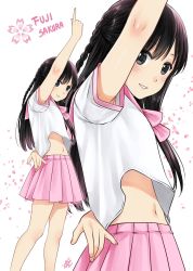 Rule 34 | 1girl, arm up, belly, black eyes, black hair, blush, braid, character name, cherry blossoms, child, collar, derivative work, dot nose, dress, eyebrows, female focus, highres, legs, long hair, looking at viewer, looking to the side, navel, neck ribbon, open mouth, photo-referenced, pink dress, pink ribbon, pink skirt, pleated skirt, pointing, pointing up, ribbon, school uniform, serafuku, shirt, short sleeves, side braid, simple background, skirt, smile, smiple, standing, teeth, white background, white shirt, xter